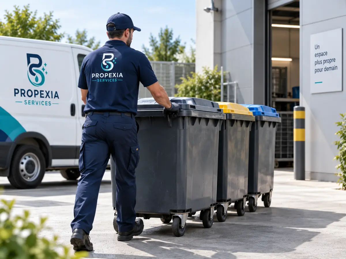 Agent PROPEXIA SERVICES sortant des bacs de déchets